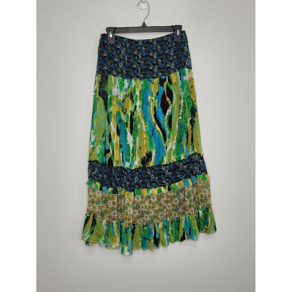Vintage Notations green blue mixed print cottage quirky forest full skirt M